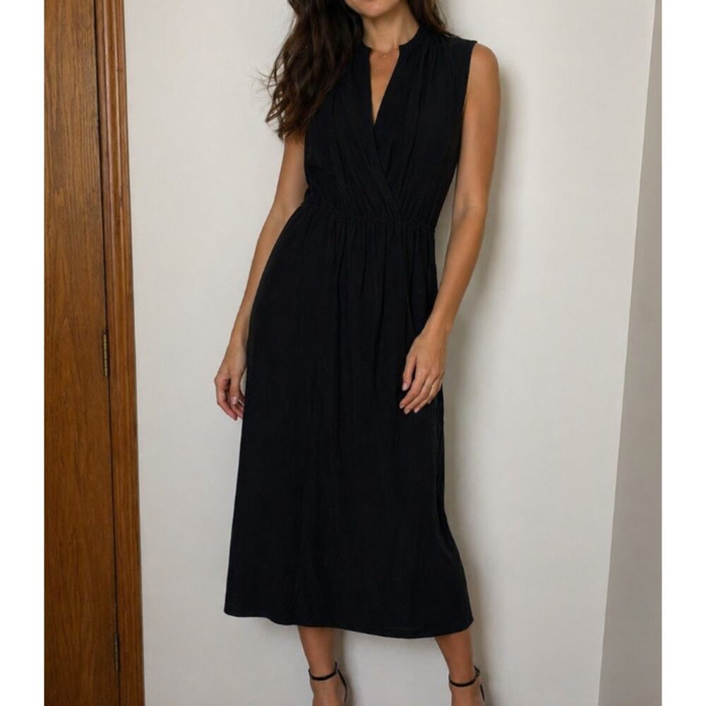 Womens Vince 100% Silk Black Minimalist Luxury Sleeveless Midi Dress Size S EUC